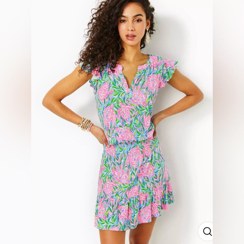 Lilly Pulitzer Pink Green Floral Ruffled Cap-Sleeve Jumper